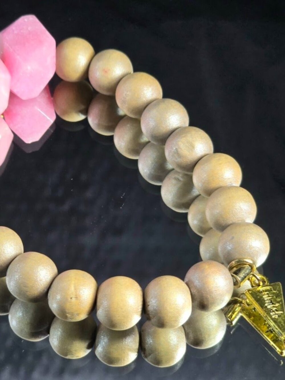 Erimish Natural Wood & Pink Geometric Tumbled Stone Beaded Stretch Bracelet